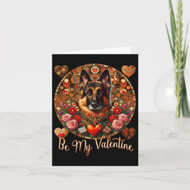 Tarjeta Be My Valentine Dog Flower Red Heart Day - German  (Anverso)
