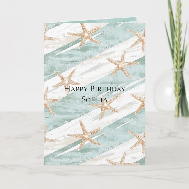 Tarjeta Beach Aqua Mint Starfish Stripes Cumpleaños (Anverso)