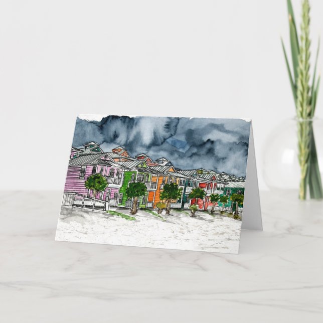 Tarjeta beach houses tropical art drawing (Anverso)