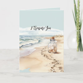 Tarjeta Beach Sand Starfish Bottle I Treasure You