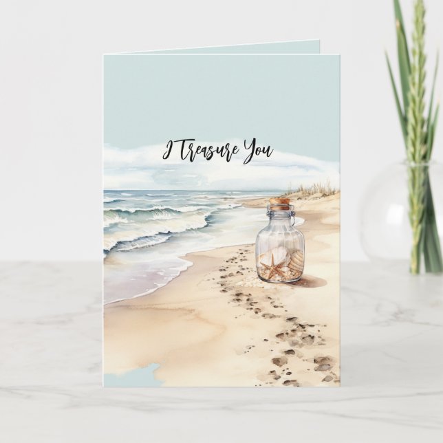Tarjeta Beach Sand Starfish Bottle I Treasure You (Anverso)