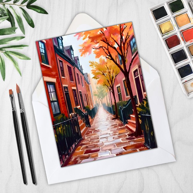 Tarjeta Beacon Hill de Boston Autumn Watercolor (Subido por el creador)