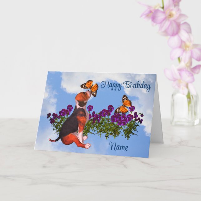 Tarjeta Beagle Butterflies Pansies Cute cumpleaños (Orquídea)
