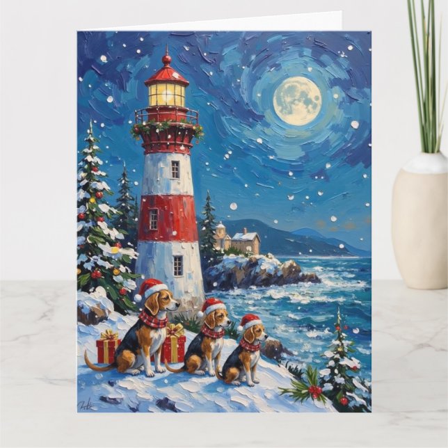 Tarjeta Beagle Christmas Lighthouse Holiday (Anverso)