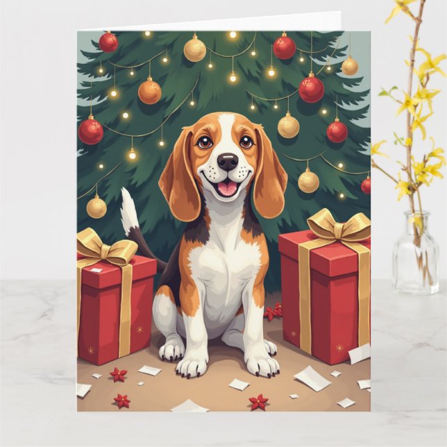 Tarjeta Beagle Christmas Morning Gift-Unboxing Painting (flor amarilla)