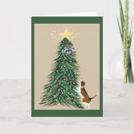 Tarjeta Beagle con Mapache en el Árbol de Navidad