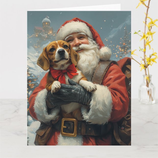 Tarjeta Beagle con Santa Claus Navidad Festiva (flor amarilla)