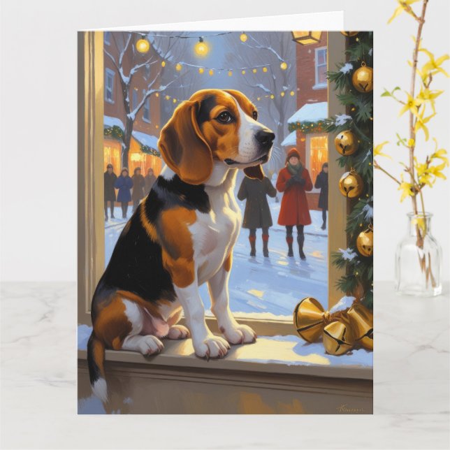 Tarjeta Beagle con vacaciones de Navidades Luces (flor amarilla)