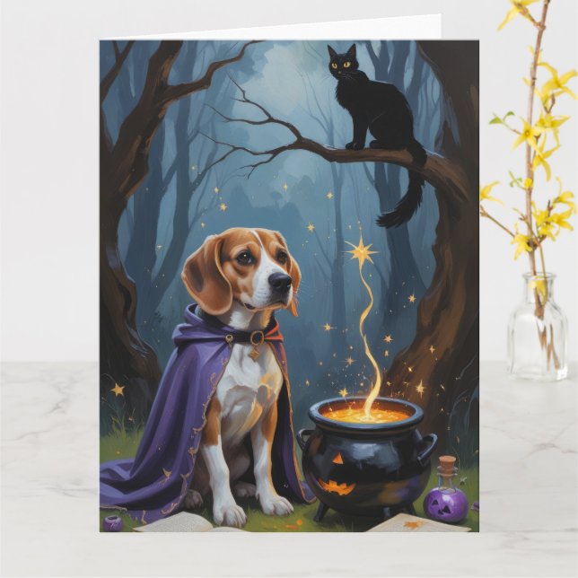 Tarjeta Beagle Dog Whimsical Halloween Pintura (flor amarilla)