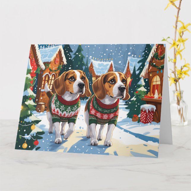 Tarjeta Beagle Dogs Navidades Snow Holiday (flor amarilla)