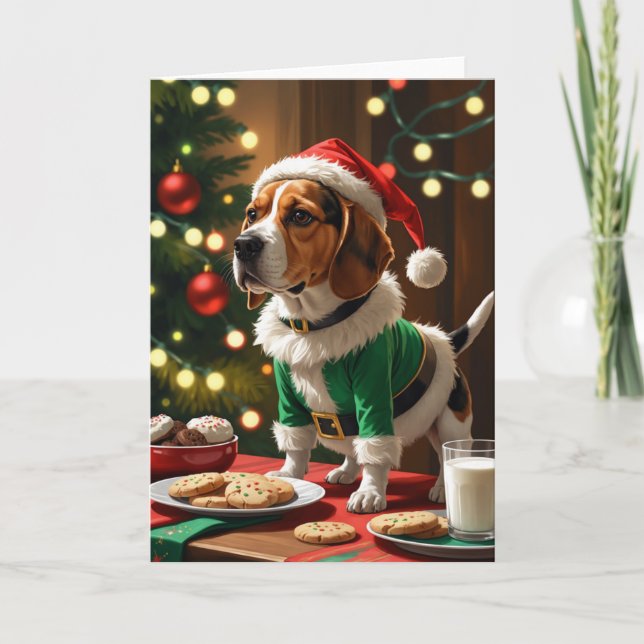 Tarjeta Beagle Elf con galletas para Santa (Anverso)