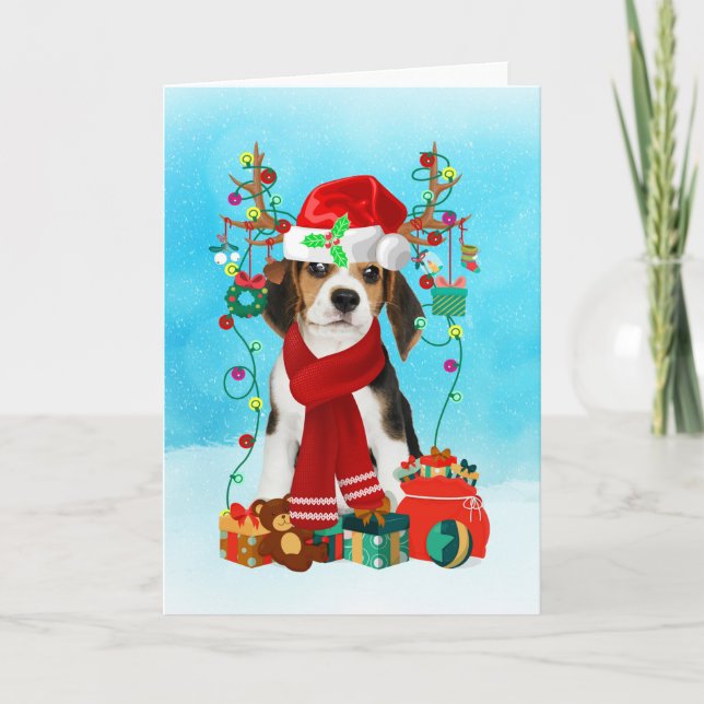 Tarjeta Beagle en la nieve con regalos de Navidad (Anverso)