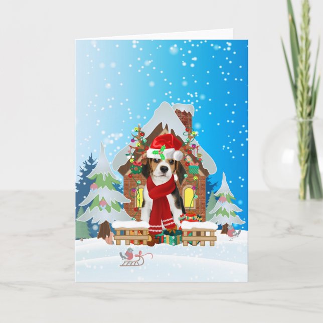 Tarjeta Beagle en la nieve con regalos de Navidades (Anverso)