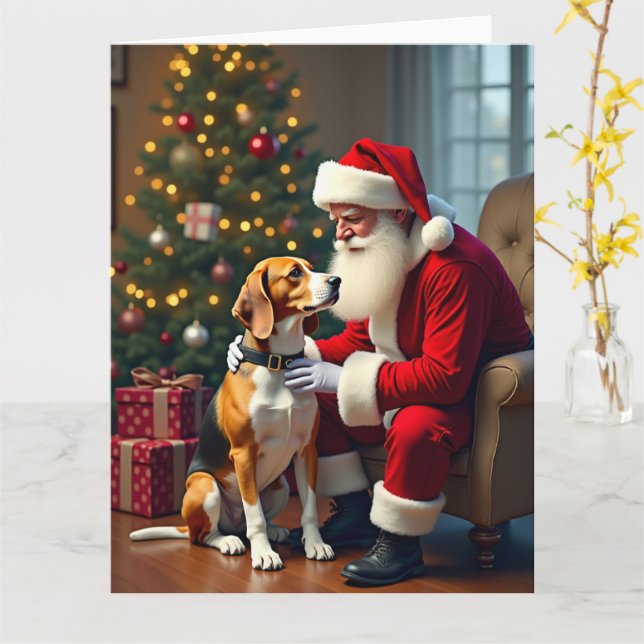 Tarjeta Beagle Meets Santa Christmas Painting (flor amarilla)