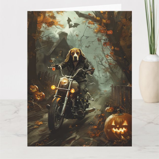 Tarjeta Beagle Riding Motorcycle Halloween Scary (Anverso)