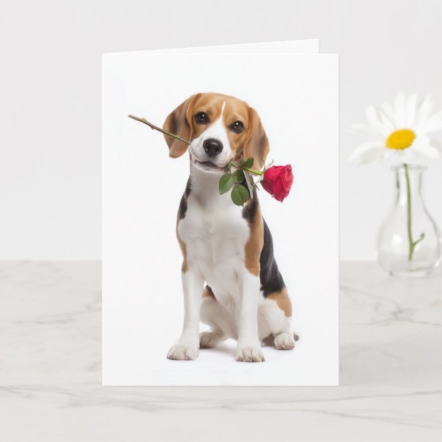 Tarjeta Beagle Valentine – Amor Leal con una Rosa (Planta pequeña)