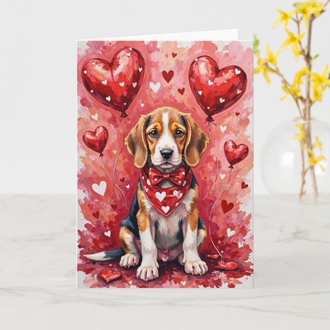 Tarjeta Beagle Valentine’s Day Dog with Hearts Red (flor amarilla)