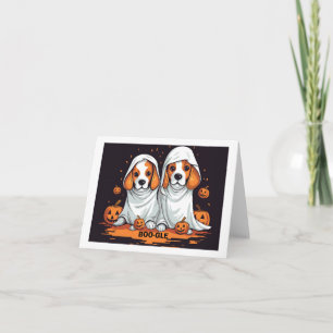 Tarjeta Beagles de Halloween con disfraz fantasma divertid