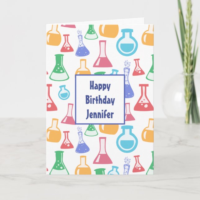 Tarjeta Beakers and Flask Fun Science Pattern Cumpleaños (Anverso)
