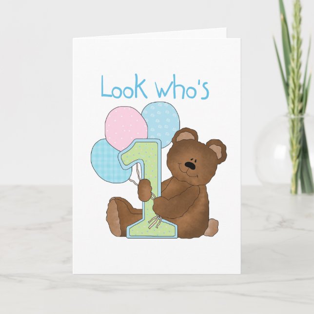 Tarjeta Bear camisetas y regalos azules de primer cumpleañ (Anverso)