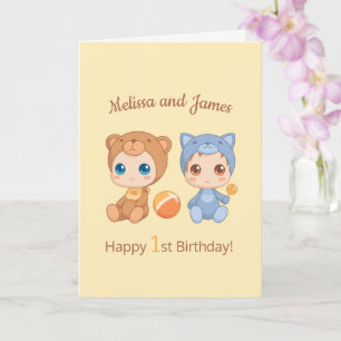 Tarjeta Bear Gato Gato Gato Gemelos Primer Cumpleaños Amar