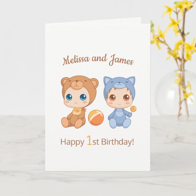 Tarjeta Bear Gato Gato Gato Gemelos Primer Cumpleaños Blan (flor amarilla)