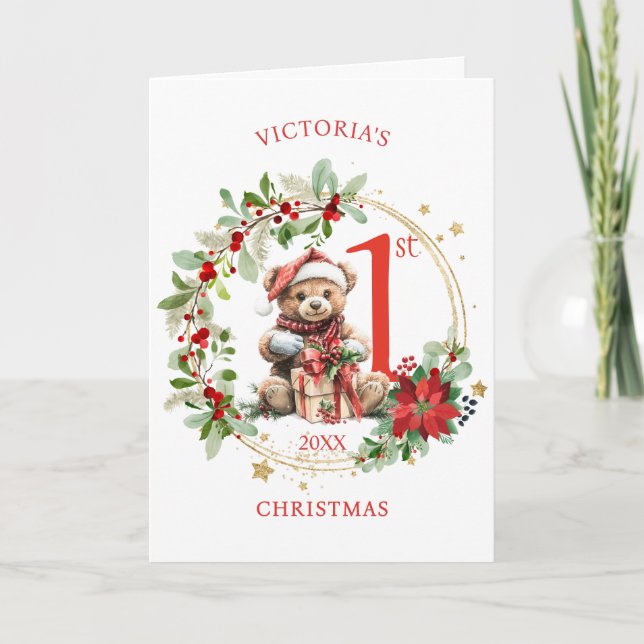 Tarjeta Bear Poinsettia Foliage la primera Navidad del beb (Anverso)