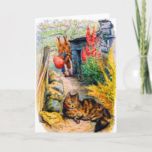Tarjeta Beatrix Potter - conejitos viendo al gato