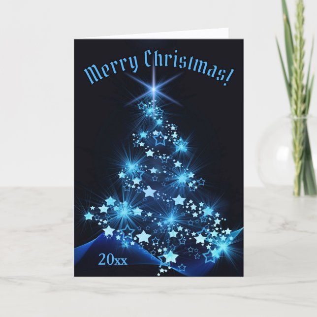 Tarjeta Beautiful Blue Shinning Stars on Christmas Tree   (Anverso)