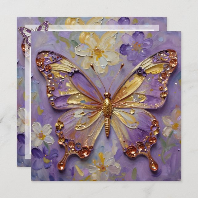 Tarjeta Beautiful Purple Butterfly and Flowers Blank (Anverso / Reverso)