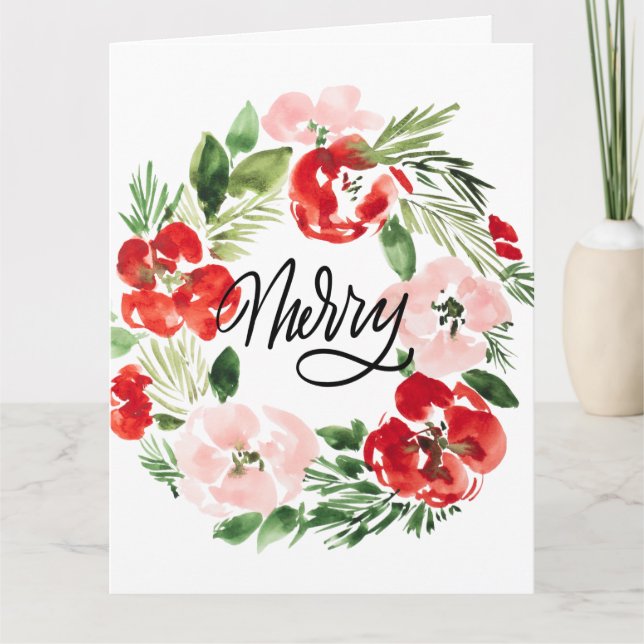 Tarjeta Beautiful Watercolor Christmas wreath Merry (Anverso)