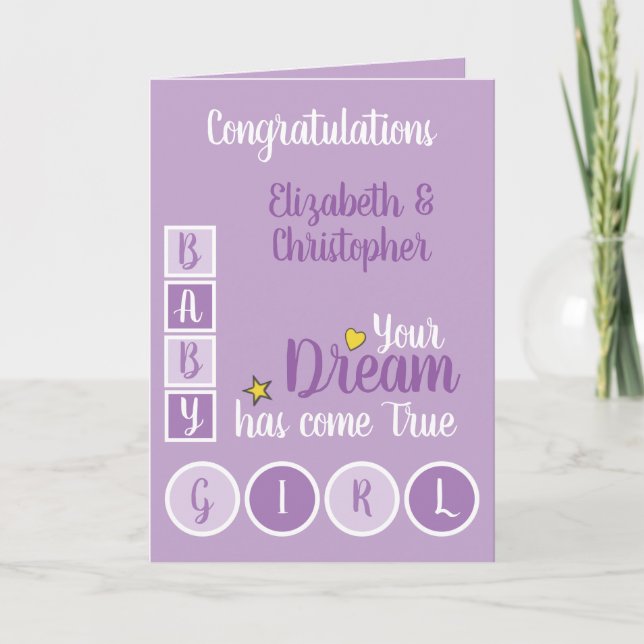 Tarjeta Bebé Amo y cariño para las niñas morado y amarillo (Anverso)