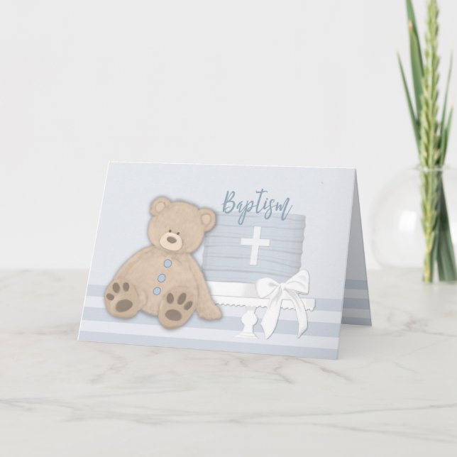 Tarjeta Bebé Baptismo Azul Pastel Teddy Bear (Anverso)