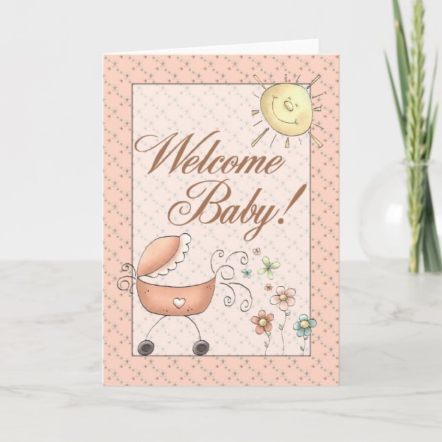 Tarjeta Bebé Buggy Sutil Bebé De Bienvenida Floral (Anverso)