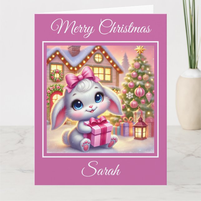 Tarjeta Bebé conejo adorable en una cabaña de Navidades (Anverso)