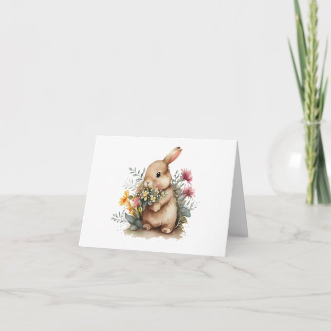 Tarjeta Bebé conejo conejo con flores moradas amarillas en (Anverso)