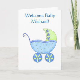 Tarjeta Bebé de bienvenida Nombre Buggy azul personalizado