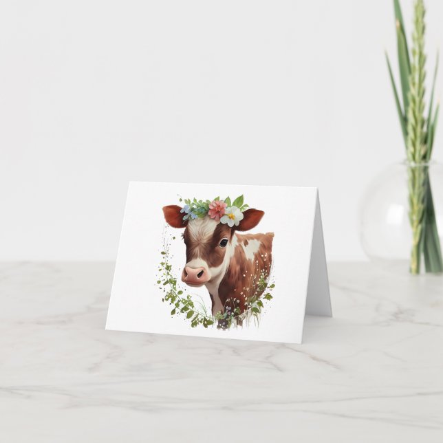 Tarjeta Bebé de ternera con flores en la cabeza en blanco (Anverso)