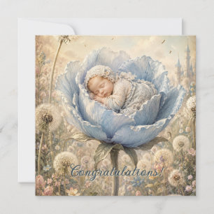 Tarjeta Bebé durmiendo en flor azul Felicidades