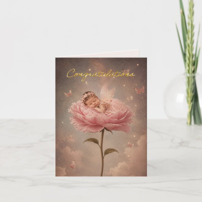 Tarjeta Bebé durmiendo flor rosa Felicidades (Anverso)