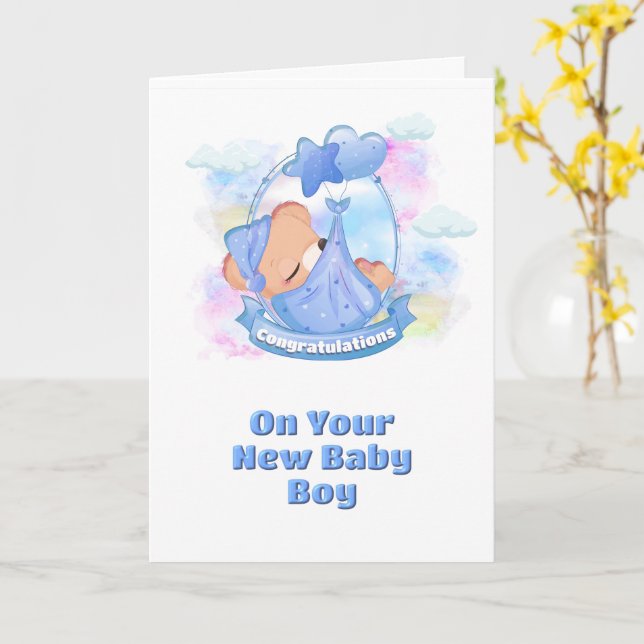 Tarjeta Bebé felicita globos de oso de peluche azul (flor amarilla)