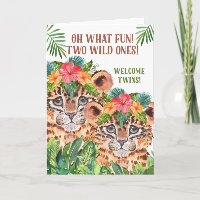 Tarjeta Bebé gemelo felicita el tema de la jungla Cheetah (Anverso)