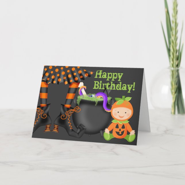 Tarjeta Bebé lindo con traje de calabaza Cumpleaños de Hal (Anverso)