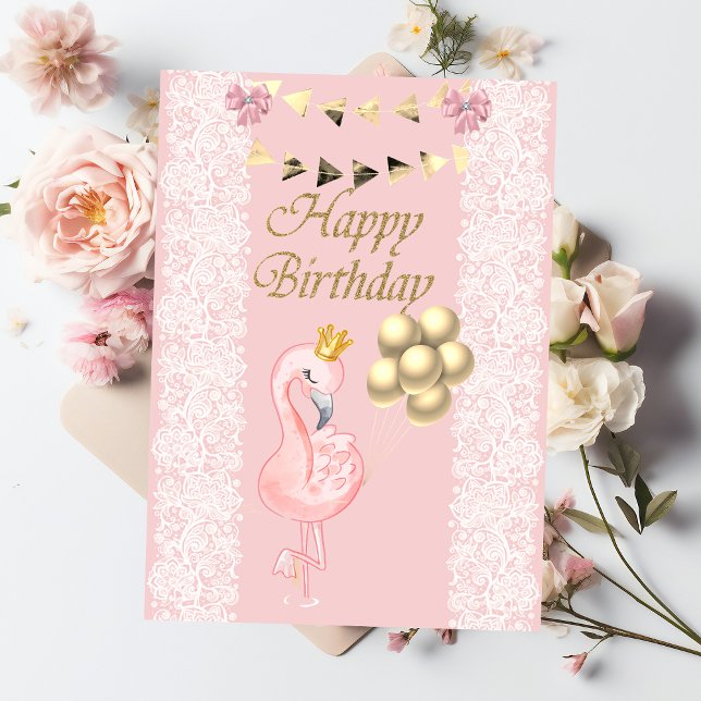 Tarjeta Bebé lindo Rosa Flamingo Crown Balloons Cumpleaños (Subido por el creador)