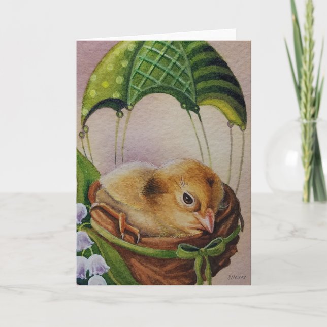 Tarjeta Bebé pájaro volando Paracaídas verde arte acuático (Anverso)