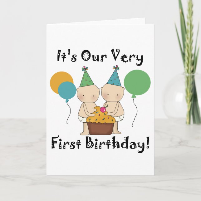 Tarjeta Bebés gemelos primera camisetas de cumpleaños y re (Anverso)