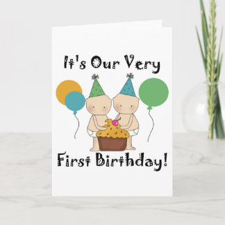 Tarjeta Bebés gemelos primera camisetas de cumpleaños y re