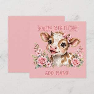 Tarjeta Becerra hembra: animalito con lazo y flores pastel