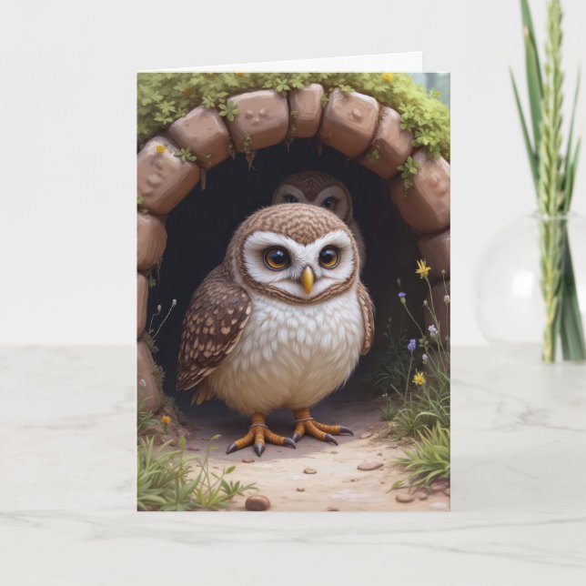 Tarjeta Bechuzas de Birgday en una cueva (Anverso)