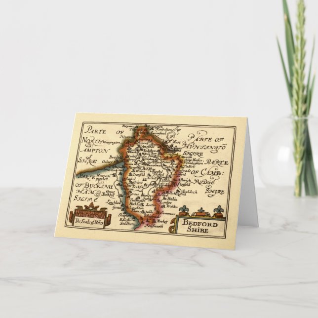 Tarjeta Bedfordshire County England Mapa anticuario antigu (Anverso)